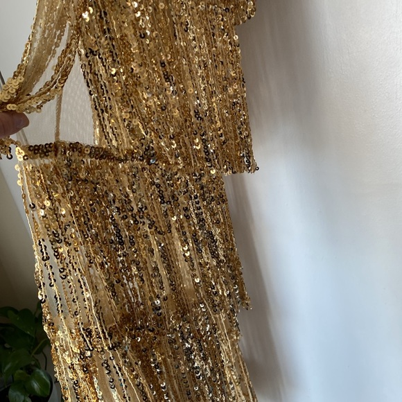 Gold sequin jumpsuit sheer akira Taylor swift bling party unique strapless M - Picture 6 of 13